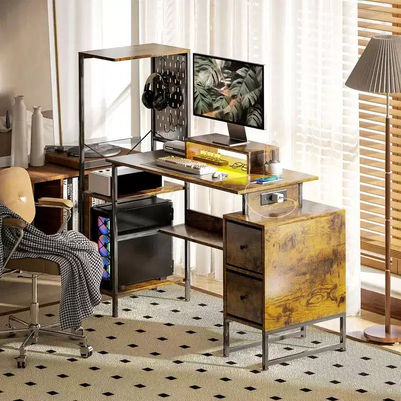 Bureau d'ordinateur 56" avec prises de courant et lumières LED, bureau à domicile avec support d'écran et support d'unité centrale