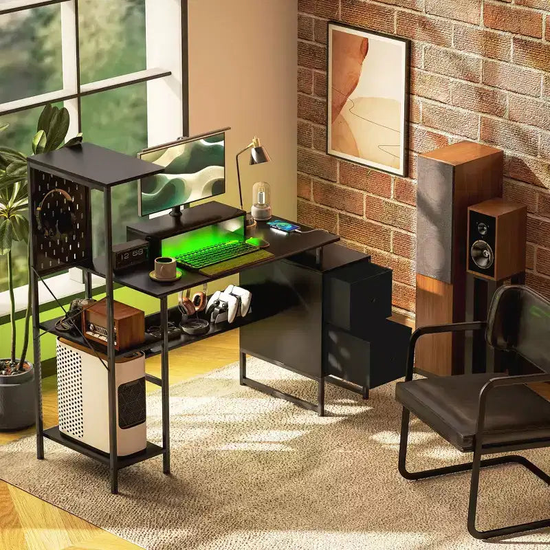 Bureau d'ordinateur 56" avec prises de courant et lumières LED, bureau à domicile avec support d'écran et support d'unité centrale