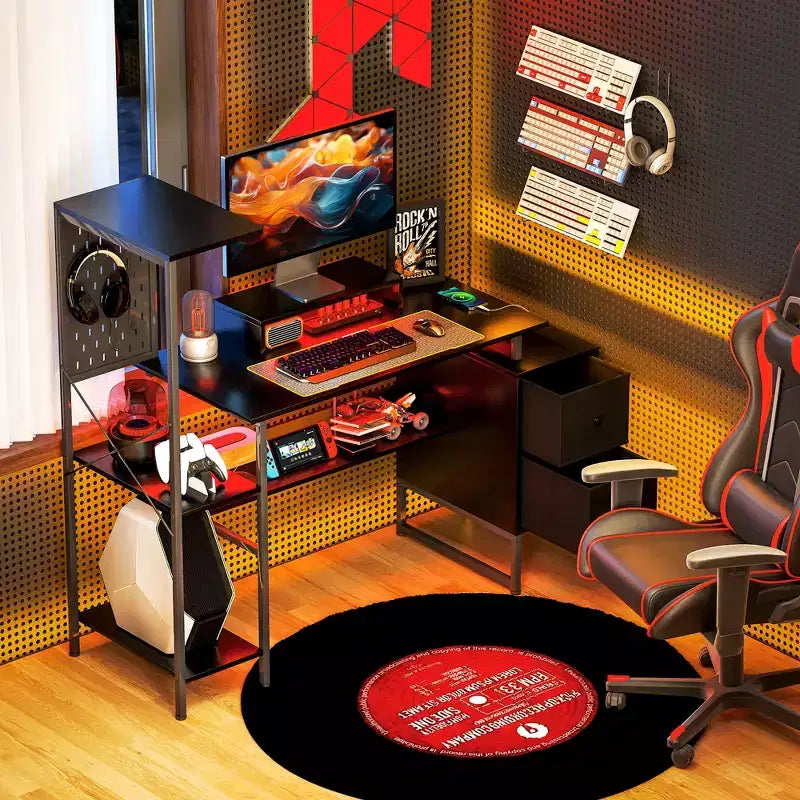 Bureau d'ordinateur 56" avec prises de courant et lumières LED, bureau à domicile avec support d'écran et support d'unité centrale