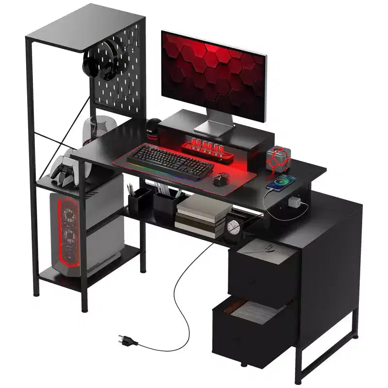 Bureau d'ordinateur 56" avec prises de courant et lumières LED, bureau à domicile avec support d'écran et support d'unité centrale
