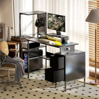 Bureau d'ordinateur 56" avec prises de courant et lumières LED, bureau à domicile avec support d'écran et support d'unité centrale