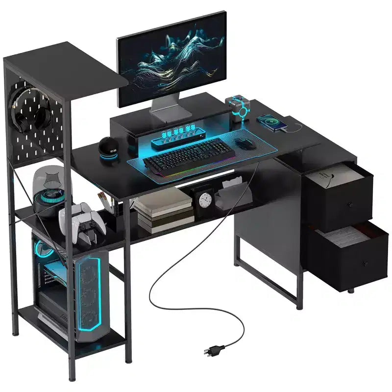 HOMCOM 56 Computer Desk with Power Outlets and LED Lights, Home Office Desk with Monitor Stand and CPU Stand