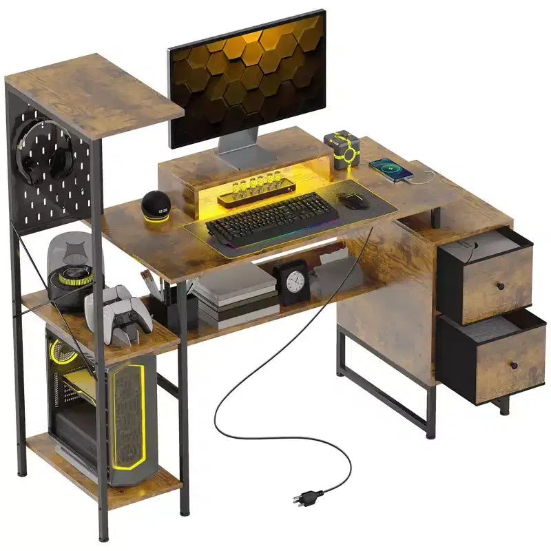 Bureau d'ordinateur 56" avec prises de courant et lumières LED, bureau à domicile avec support d'écran et support d'unité centrale