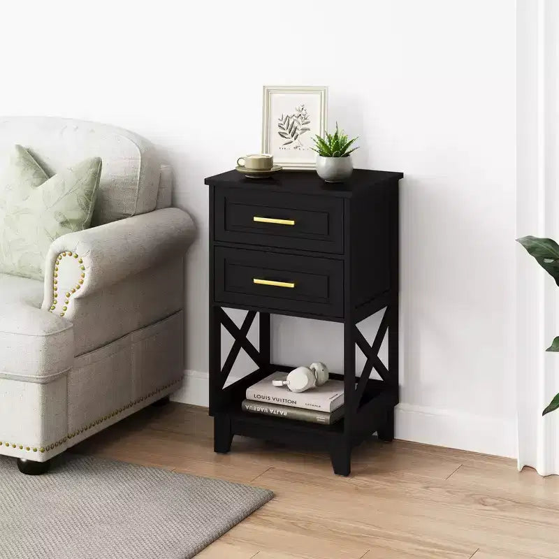 Heynemo Tall Nightstand with 2 Drawers & Open Shelf Below, Modern Night Stand End Table for Bedroom, Living Room, Home Office