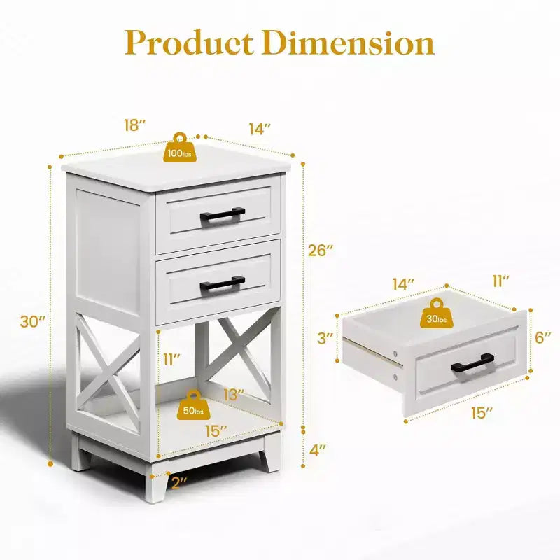 Table de chevet haute avec 2 tiroirs et étagère ouverte, table de chevet/d'appoint moderne pour chambre, salon, bureau à domicile