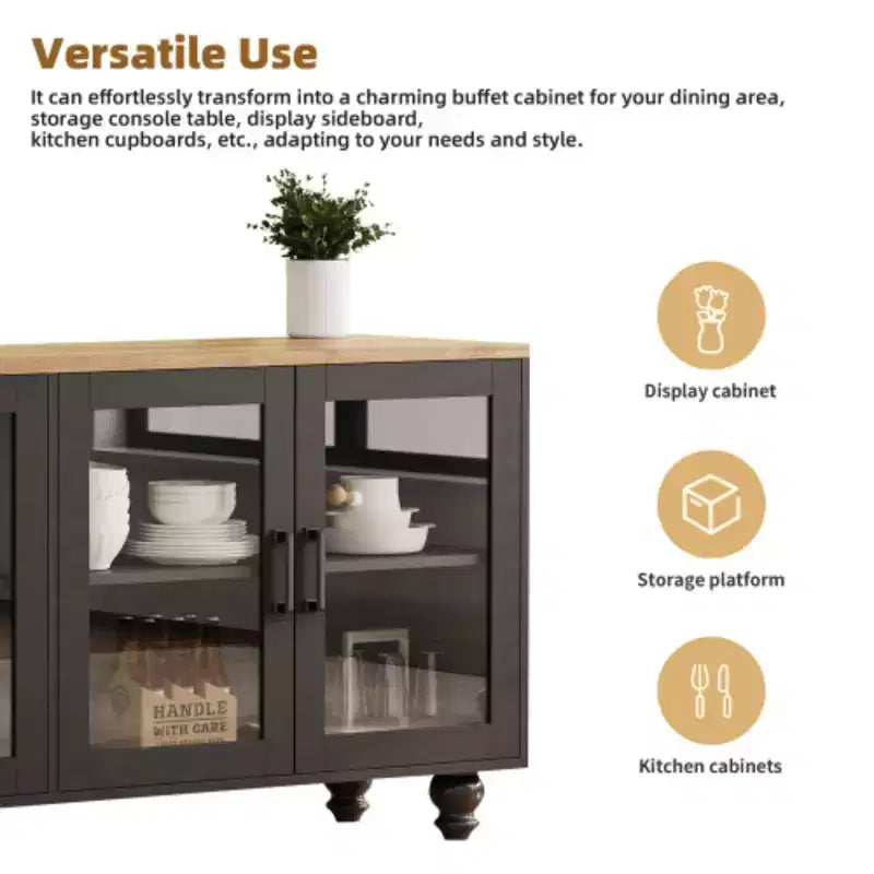 Meuble TV de ferme de 70 pouces avec portes en verre, buffet avec étagères, buffet à 5 pieds en bois pour salon