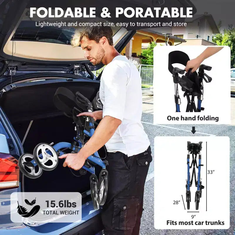 Déambulateur tout-terrain avec siège, dossier, poignées, déambulateur pour personnes âgées, 12 roues en caoutchouc, déambulateurs pliables en aluminium léger