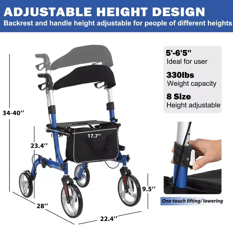 Déambulateur tout-terrain avec siège, dossier, poignées, déambulateur pour personnes âgées, 12 roues en caoutchouc, déambulateurs pliables en aluminium léger