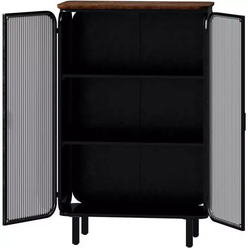 Meuble de rangement 3 niveaux de 72 cm avec 2 portes vitrées, organisateur de rangement moderne pour entrée, salon, bureau à domicile, salle à manger, noir+marron