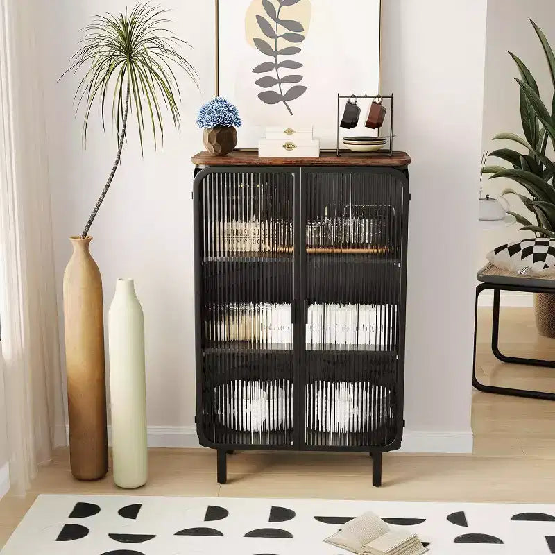 Meuble de rangement 3 niveaux de 72 cm avec 2 portes vitrées, organisateur de rangement moderne pour entrée, salon, bureau à domicile, salle à manger, noir+marron