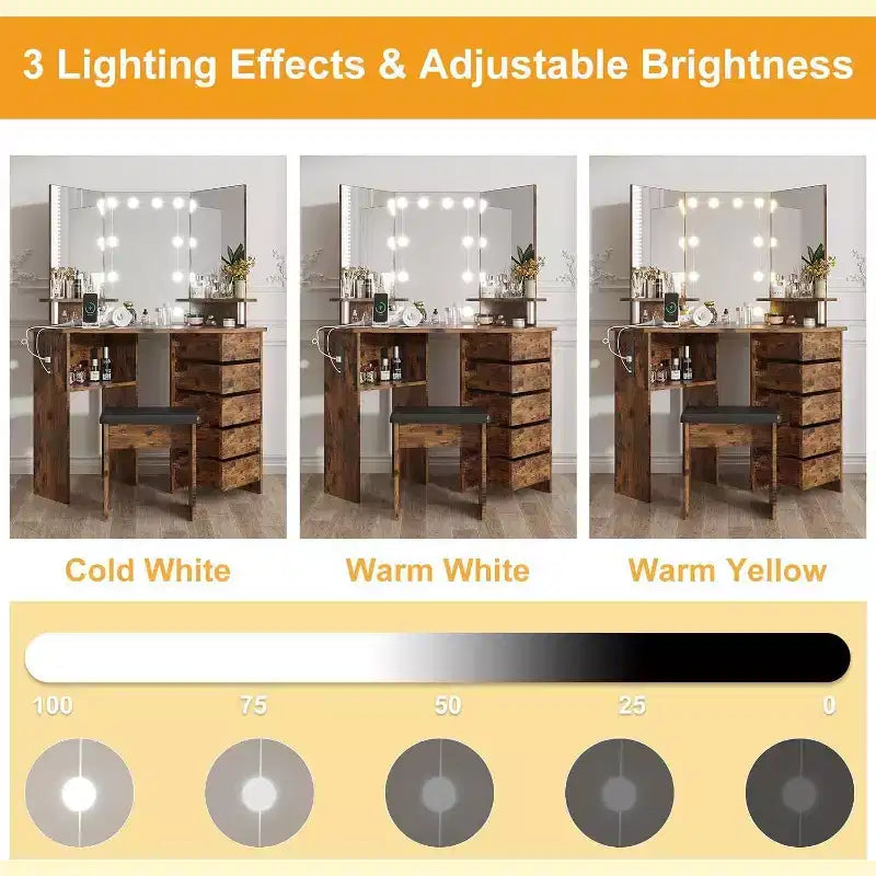 Coiffeuse d'angle avec miroir lumineux, multiprise, 5 tiroirs rotatifs, LED 3 couleurs réglables, étagères et tabouret, table de maquillage peu encombrante