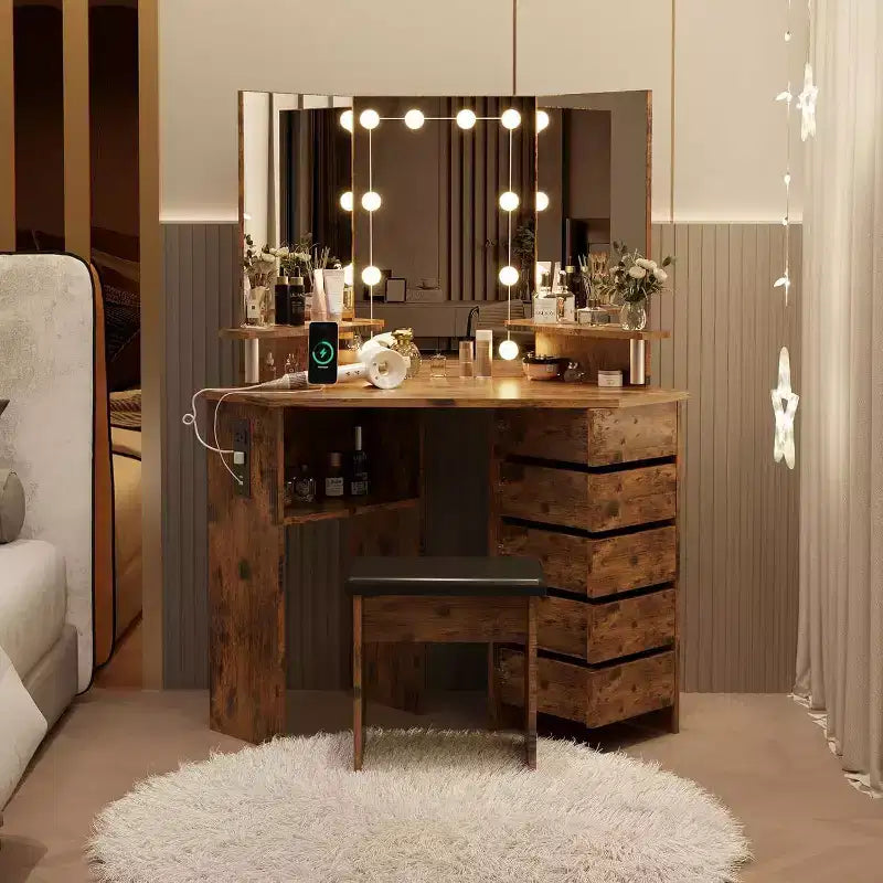 Coiffeuse d'angle avec miroir lumineux, multiprise, 5 tiroirs rotatifs, LED 3 couleurs réglables, étagères et tabouret, table de maquillage peu encombrante