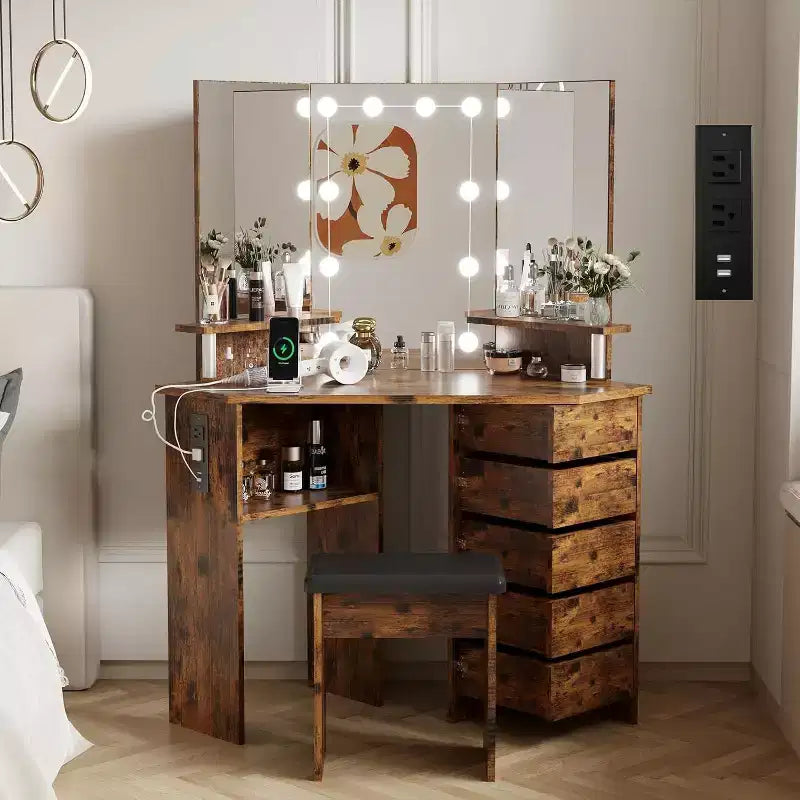 Acekool Corner Vanity Desk with Lighted Mirror, Power Strip, 5 Rotating Drawers, Adjustable 3-Color LED, Shelves & Stool, Space-Saving Makeup Table