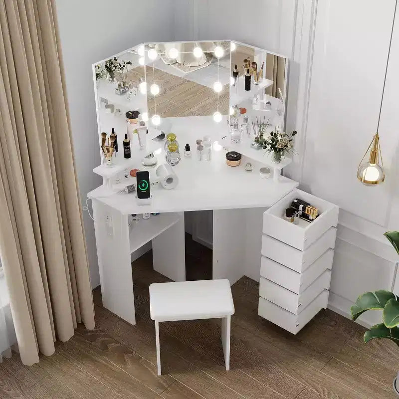 Coiffeuse d'angle avec miroir lumineux, multiprise, 5 tiroirs rotatifs, LED 3 couleurs réglables, étagères et tabouret, table de maquillage peu encombrante