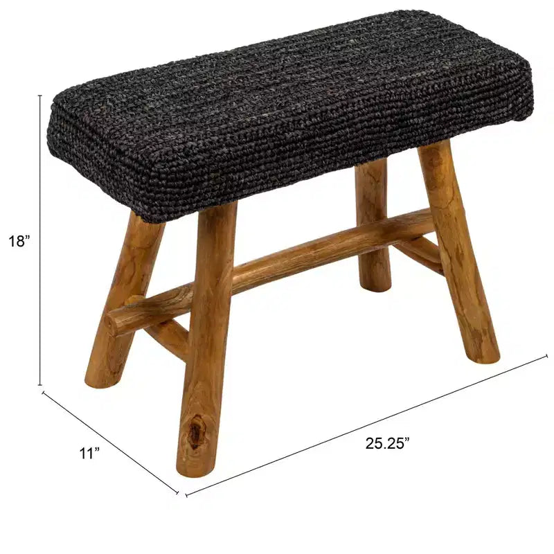 Tabouret en bois de teck et mendong tressé, noir