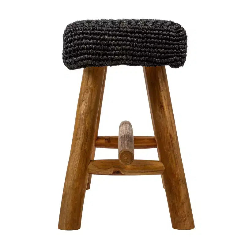 Tabouret en bois de teck et mendong tressé, noir