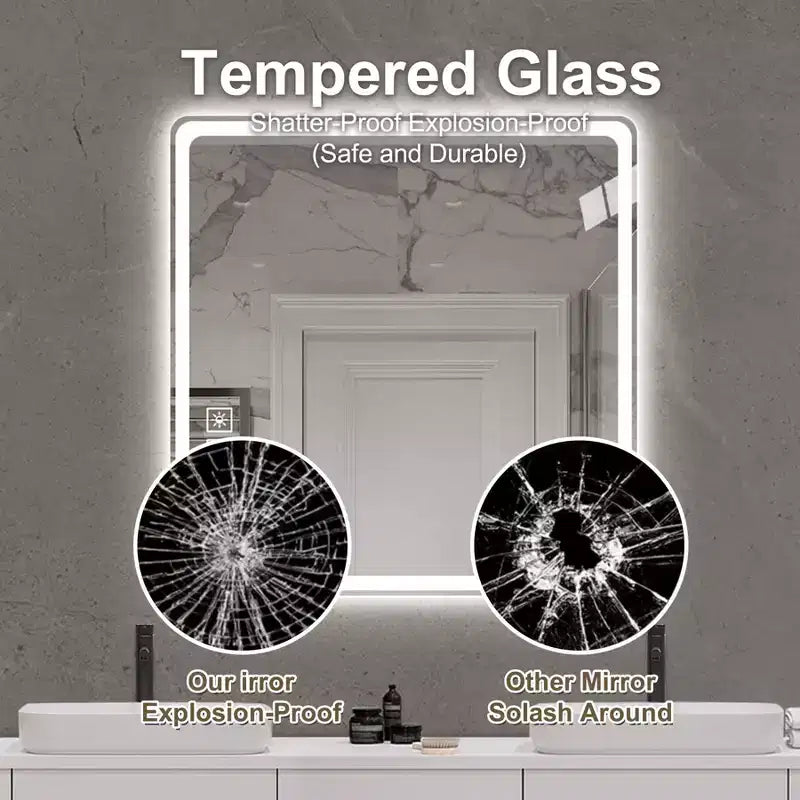 Miroirs de salle de bain LED avec lumières frontales, miroirs de courtoisie muraux, miroir sans cadre antibuée avec lumière, argent sans cuivre