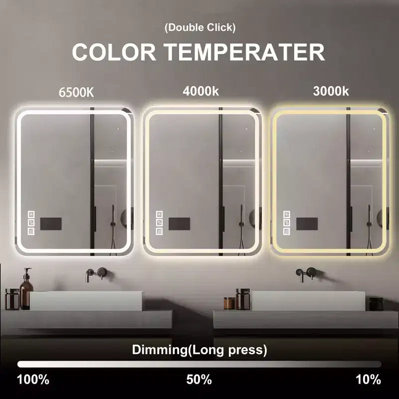 Miroirs de salle de bain LED avec lumières frontales, miroirs de courtoisie muraux, miroir sans cadre antibuée avec lumière, argent sans cuivre
