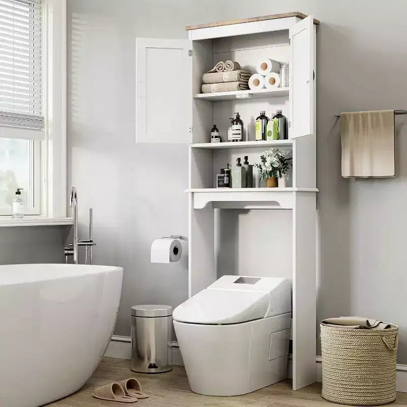Meuble de rangement sur toilettes de 168 cm, organisateur de salle de bain autoportant avec deux portes et étagères réglables, dispositif anti-basculement, assemblage facile, blanc