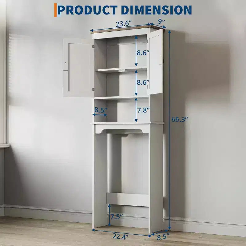 Meuble de rangement sur toilettes de 168 cm, organisateur de salle de bain autoportant avec deux portes et étagères réglables, dispositif anti-basculement, assemblage facile, blanc