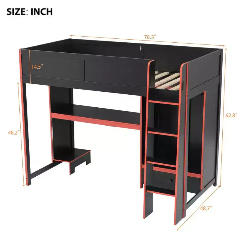 Lit mezzanine double Whisen Wood avec bureau intégré, armoire, LED et un tiroir