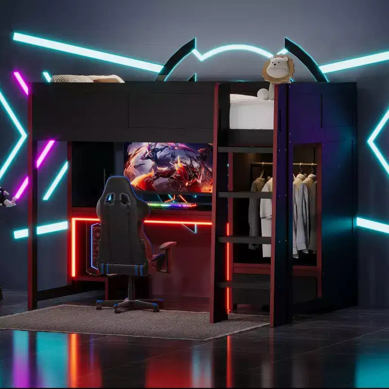 Lit mezzanine double Whisen Wood avec bureau intégré, armoire, LED et un tiroir