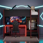Lit mezzanine double Whisen Wood avec bureau intégré, armoire, LED et un tiroir