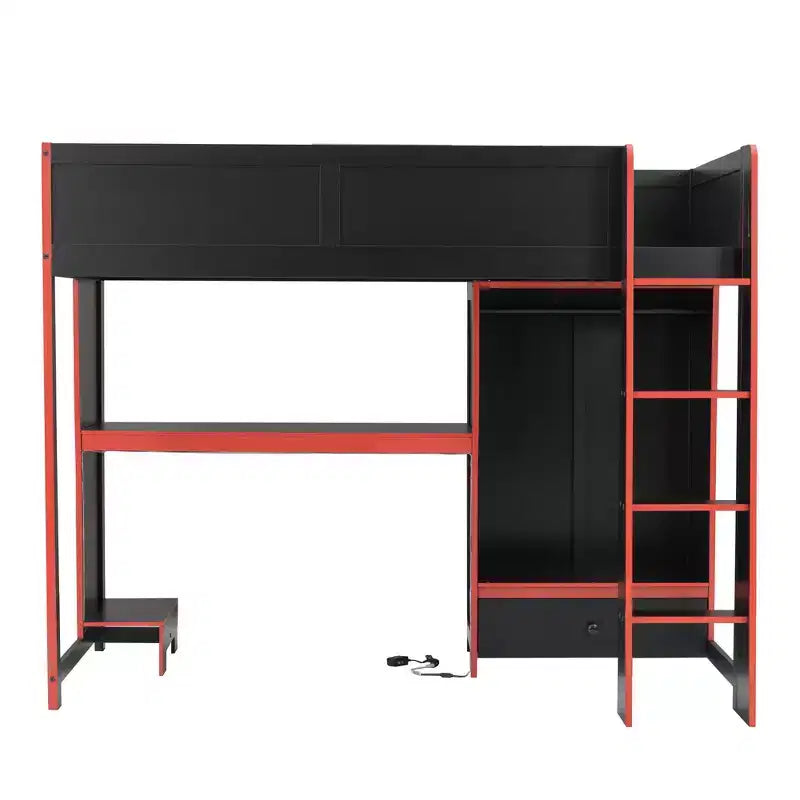 Lit mezzanine double Whisen Wood avec bureau intégré, armoire, LED et un tiroir