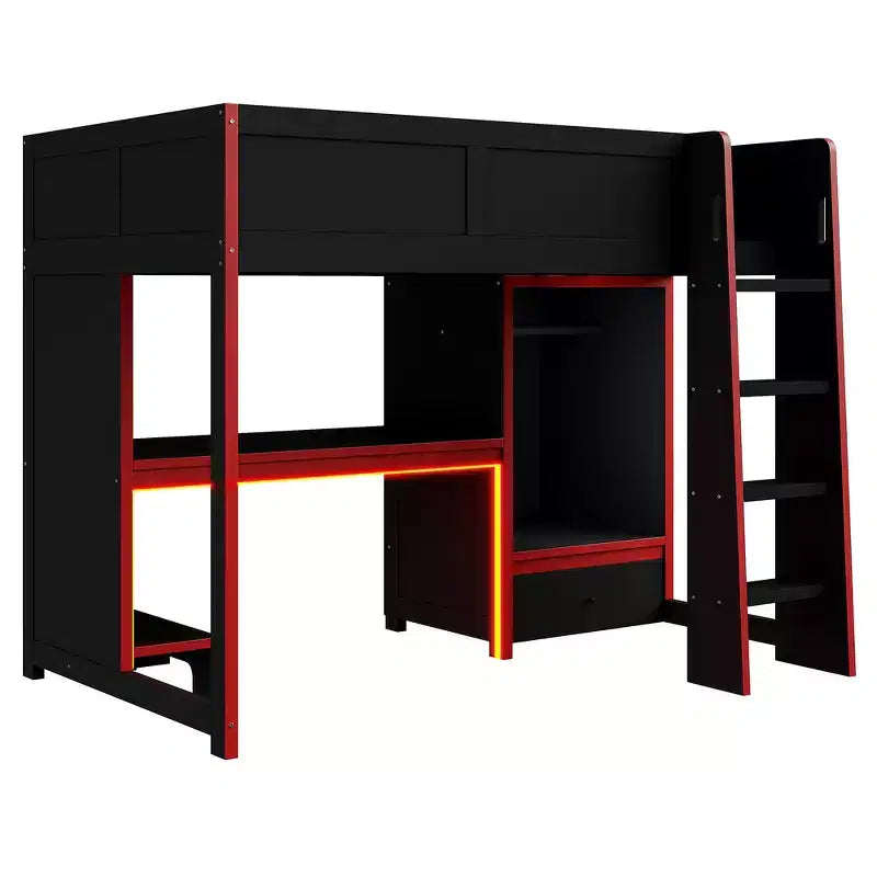 Lit mezzanine double Whisen Wood avec bureau intégré, armoire, LED et un tiroir