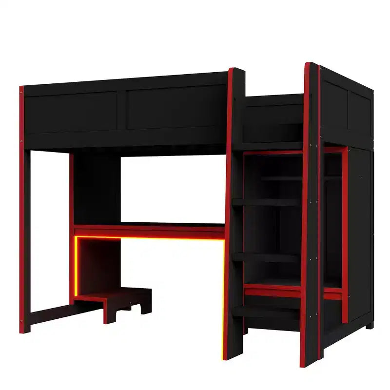 Lit mezzanine double Whisen Wood avec bureau intégré, armoire, LED et un tiroir
