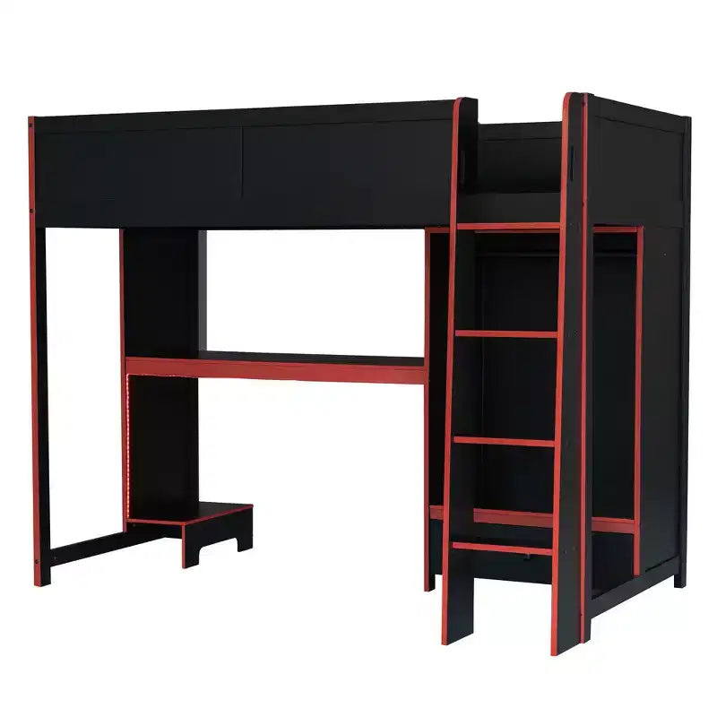 Lit mezzanine double Whisen Wood avec bureau intégré, armoire, LED et un tiroir