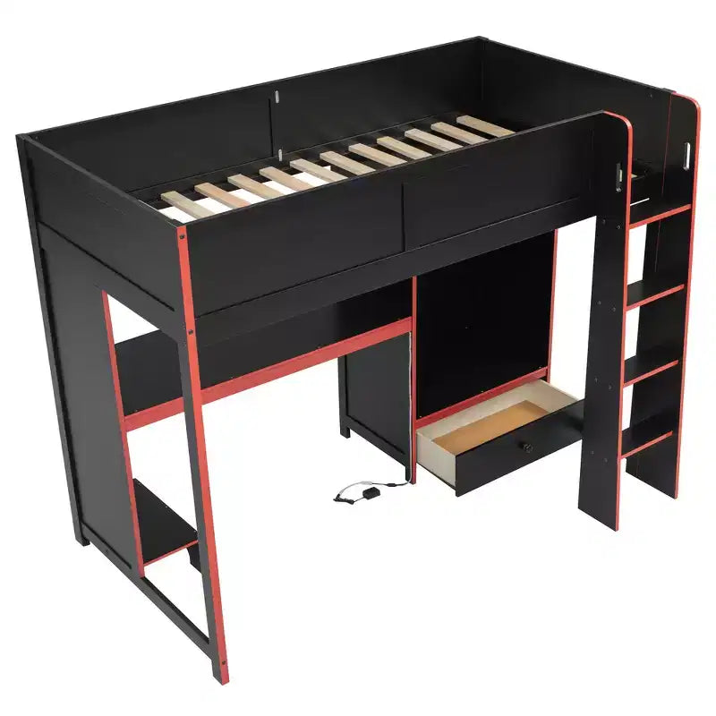 Lit mezzanine double Whisen Wood avec bureau intégré, armoire, LED et un tiroir