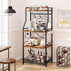 Étagère de cuisine style boulanger, support de four à micro-ondes avec grand panier métallique, station de café industrielle, étagère de rangement de cuisine à 4 niveaux, marron