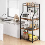 Étagère de cuisine style boulanger, support de four à micro-ondes avec grand panier métallique, station de café industrielle, étagère de rangement de cuisine à 4 niveaux, marron