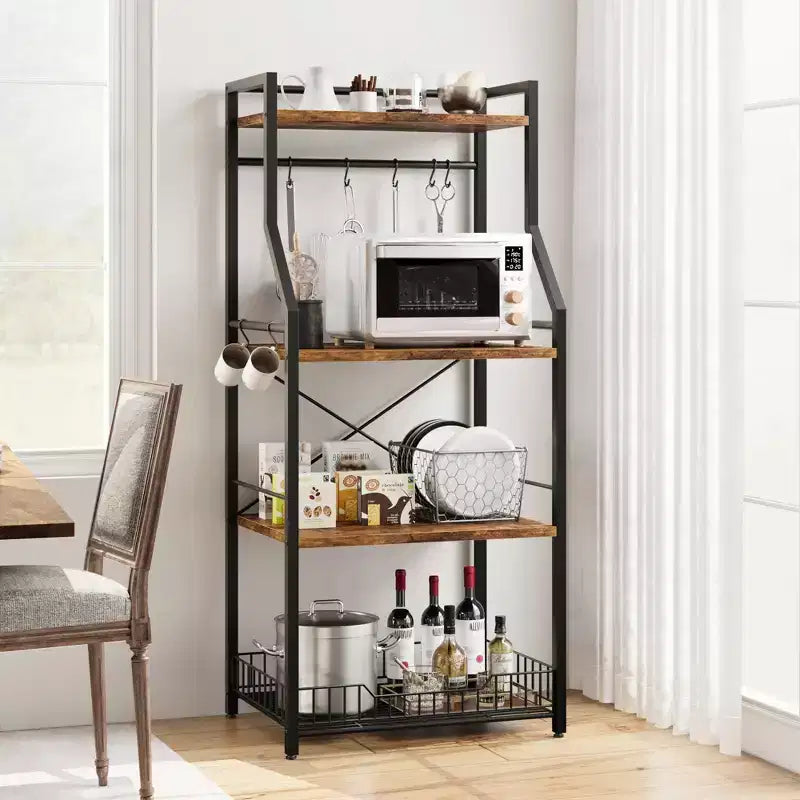 Étagère de cuisine style boulanger, support de four à micro-ondes avec grand panier métallique, station de café industrielle, étagère de rangement de cuisine à 4 niveaux, marron