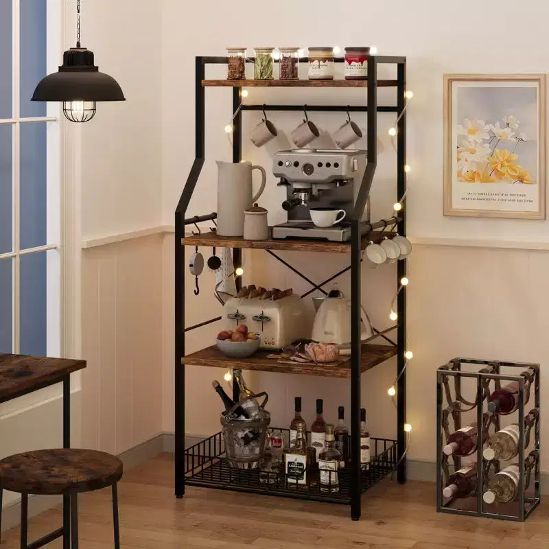 Étagère de cuisine style boulanger, support de four à micro-ondes avec grand panier métallique, station de café industrielle, étagère de rangement de cuisine à 4 niveaux, marron