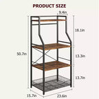 Étagère de cuisine style boulanger, support de four à micro-ondes avec grand panier métallique, station de café industrielle, étagère de rangement de cuisine à 4 niveaux, marron