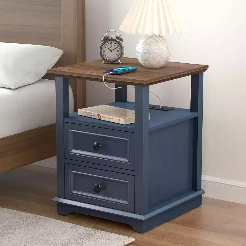 Table de chevet de ferme 18 bleu Table d'appoint 1 pièce avec station de recharge 2 tiroirs Rangement Étagère ouverte, pour chambre à coucher, salon, blanc