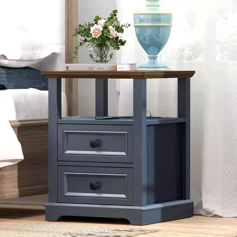 Table de chevet de ferme 18 bleu Table d'appoint 1 pièce avec station de recharge 2 tiroirs Rangement Étagère ouverte, pour chambre à coucher, salon, blanc