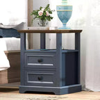 Table de chevet de ferme 18 bleu Table d'appoint 1 pièce avec station de recharge 2 tiroirs Rangement Étagère ouverte, pour chambre à coucher, salon, blanc