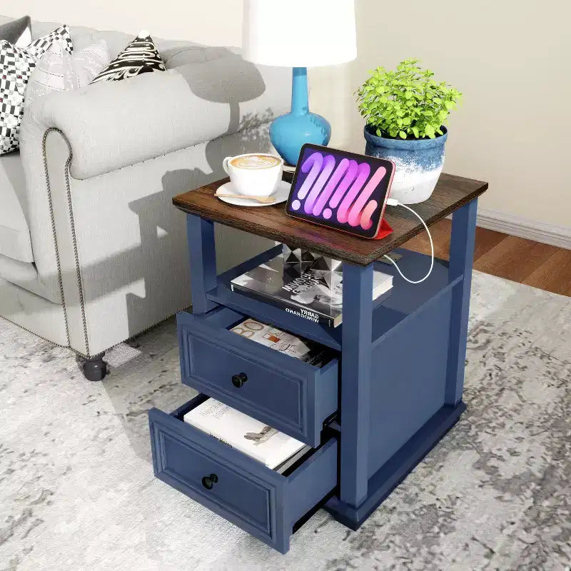 Table de chevet de ferme 18 bleu Table d'appoint 1 pièce avec station de recharge 2 tiroirs Rangement Étagère ouverte, pour chambre à coucher, salon, blanc