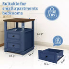 Table de chevet de ferme 18 bleu Table d'appoint 1 pièce avec station de recharge 2 tiroirs Rangement Étagère ouverte, pour chambre à coucher, salon, blanc