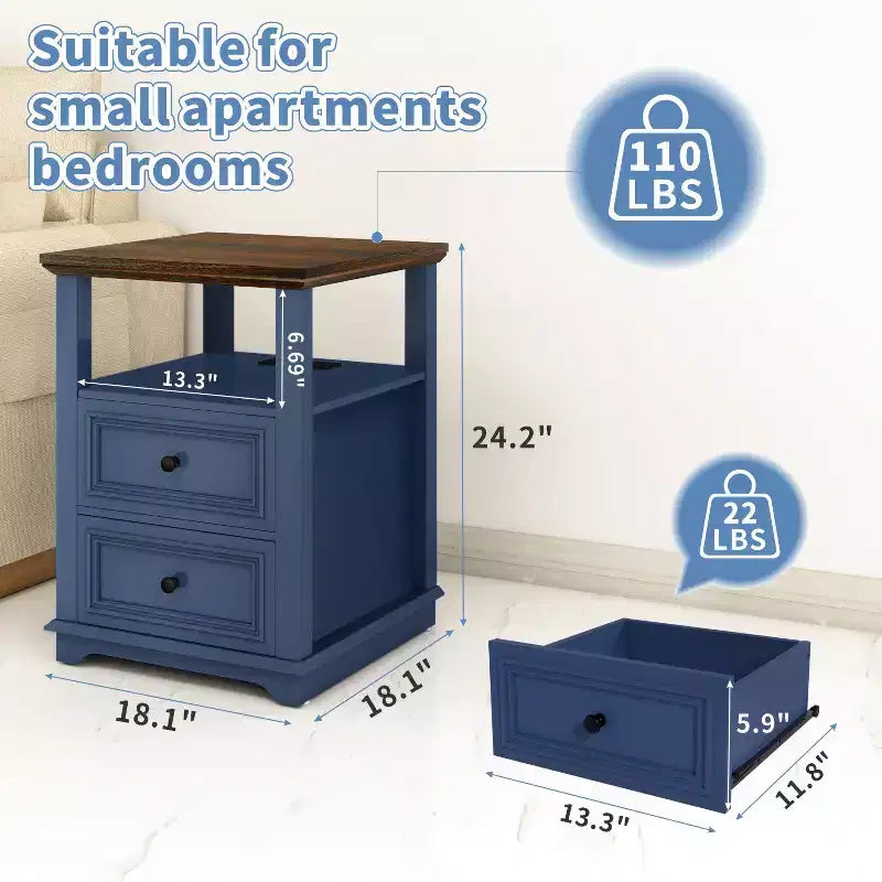 Table de chevet de ferme 18 bleu Table d'appoint 1 pièce avec station de recharge 2 tiroirs Rangement Étagère ouverte, pour chambre à coucher, salon, blanc