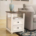 Table de chevet de ferme 18 bleu Table d'appoint 1 pièce avec station de recharge 2 tiroirs Rangement Étagère ouverte, pour chambre à coucher, salon, blanc