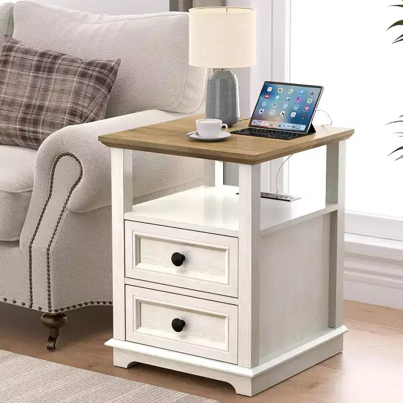 Table de chevet de ferme 18 bleu Table d'appoint 1 pièce avec station de recharge 2 tiroirs Rangement Étagère ouverte, pour chambre à coucher, salon, blanc