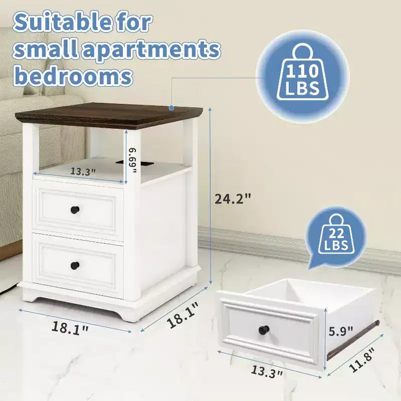 Table de chevet de ferme 18 bleu Table d'appoint 1 pièce avec station de recharge 2 tiroirs Rangement Étagère ouverte, pour chambre à coucher, salon, blanc