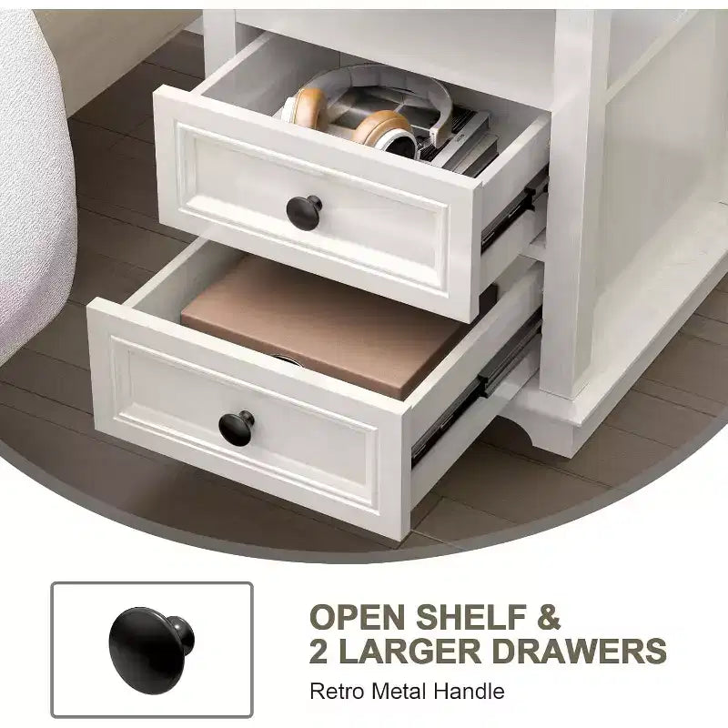 Table de chevet de ferme 18 bleu Table d'appoint 1 pièce avec station de recharge 2 tiroirs Rangement Étagère ouverte, pour chambre à coucher, salon, blanc