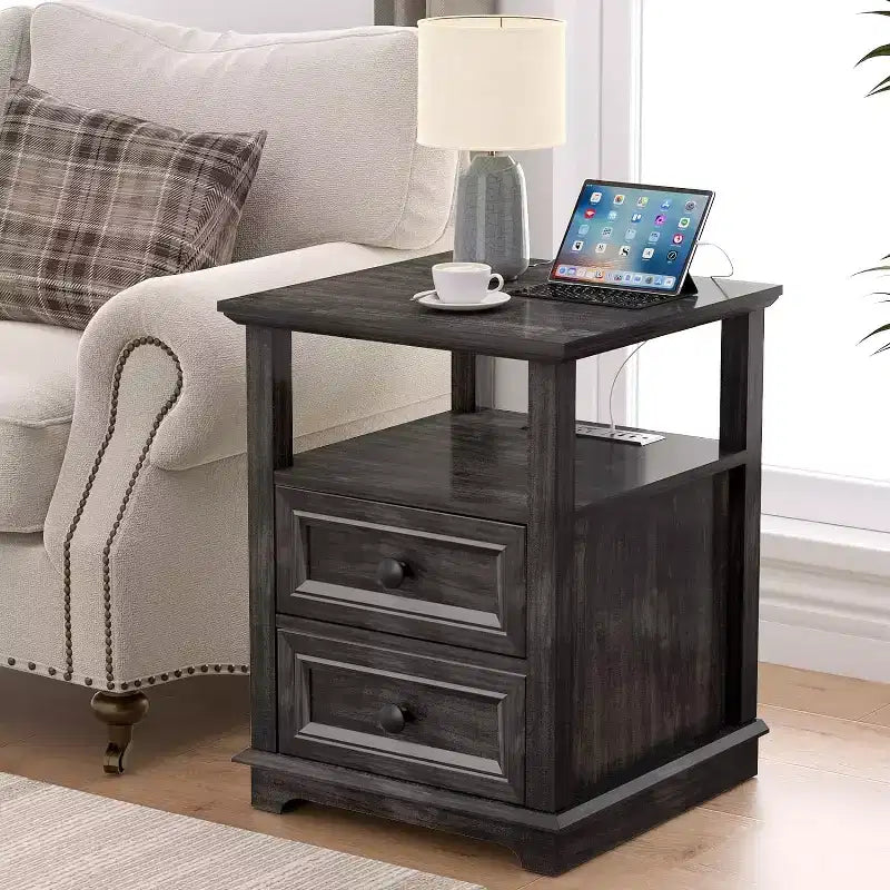 Dyonery Farmhouse Nightstand 18 Blue End Table 1-piece with Charging Station 2 Drawers Storage Open Shelf, for Bedroom, Living Room, White
