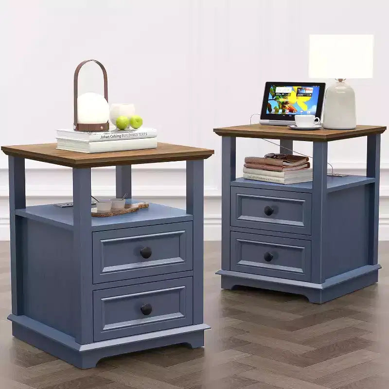 Table de chevet de ferme 18 bleu Table d'appoint 1 pièce avec station de recharge 2 tiroirs Rangement Étagère ouverte, pour chambre à coucher, salon, blanc