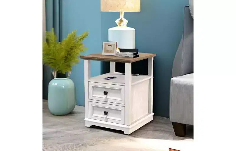 Table de chevet de ferme 18 bleu Table d'appoint 1 pièce avec station de recharge 2 tiroirs Rangement Étagère ouverte, pour chambre à coucher, salon, blanc